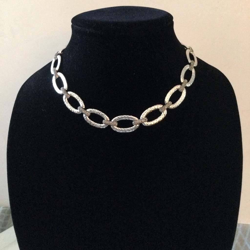 Nadri Hammered Link Pave Cz Rhodium Plated Silver Necklace Nwot